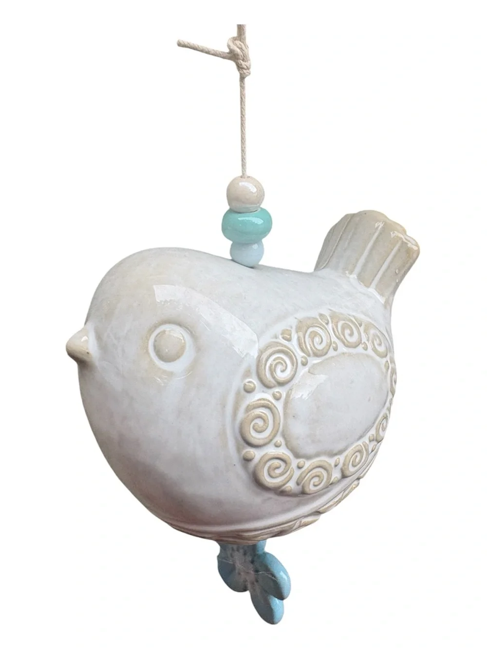 Ceramic Hanging Bird Wind Chime with Blue Flower